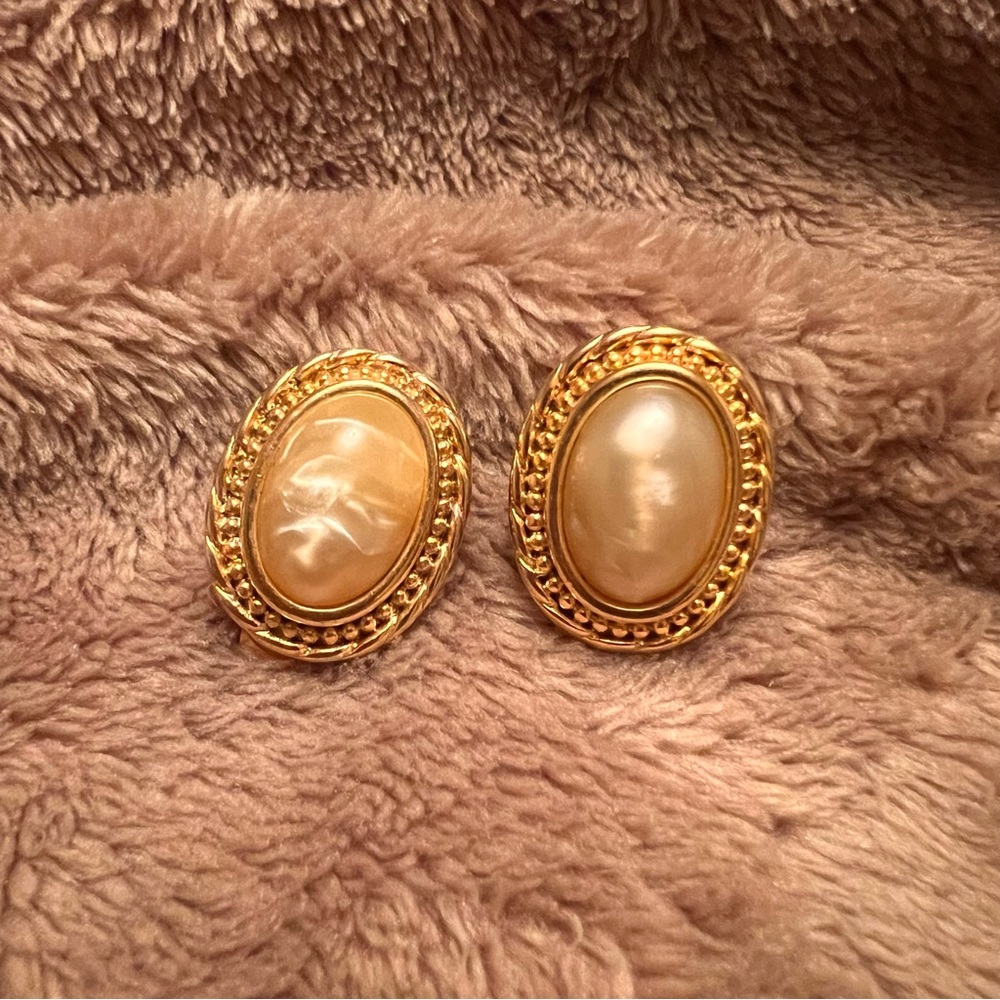 Clip-On Gold Oval Vintage Grandma Earrings with Large White Pearl Stones